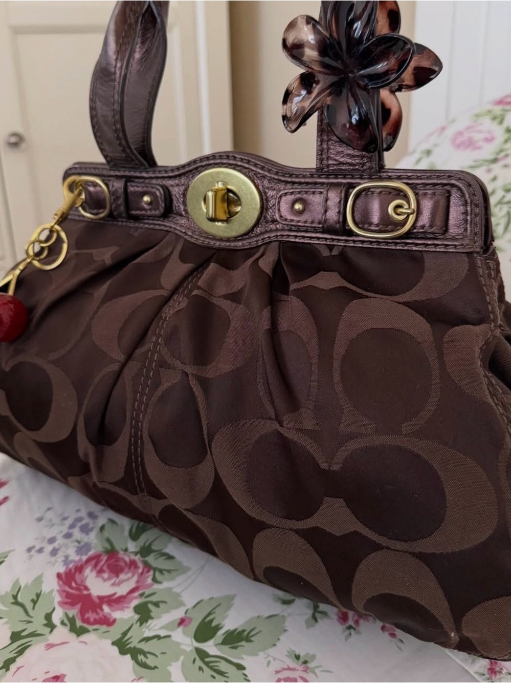 Coach Brown Signature Canvas Shoulder Bag with Cherry Charm - Picture 2 of 3